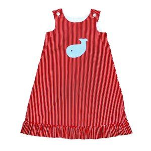 La Jenns Girl's Jumper Dress Size 4 Red White Stripes Whale Applique Vintage